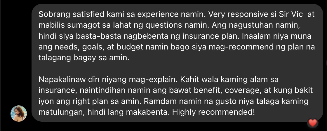 Client feedback message from Josh